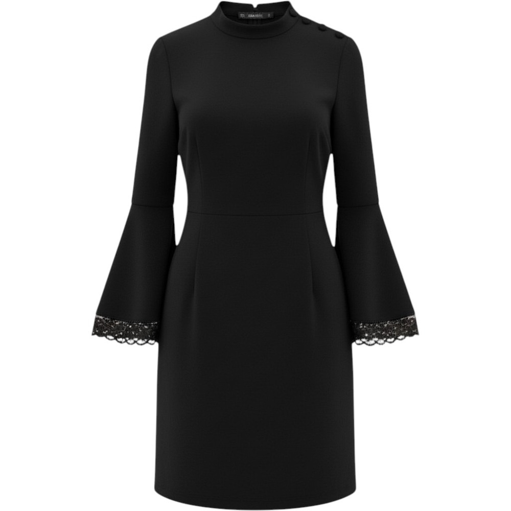 Zara Bell Sleeve Dress Women M Black Lace Trim Mock Neck Goth Witchy Whimsigoth